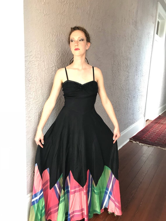 30's Vintage Rayon Silk Plaid Gown Dress