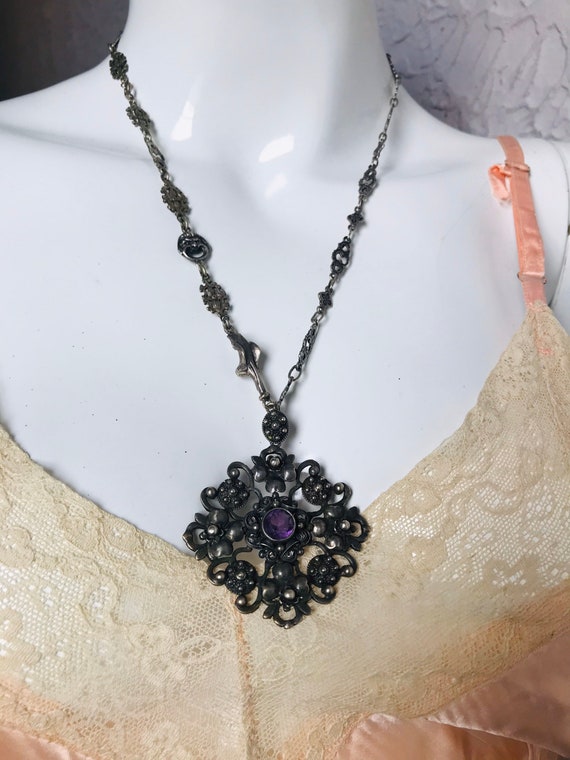 20's  Vintage Gothic Figural Amethyst Necklace Pe… - image 9