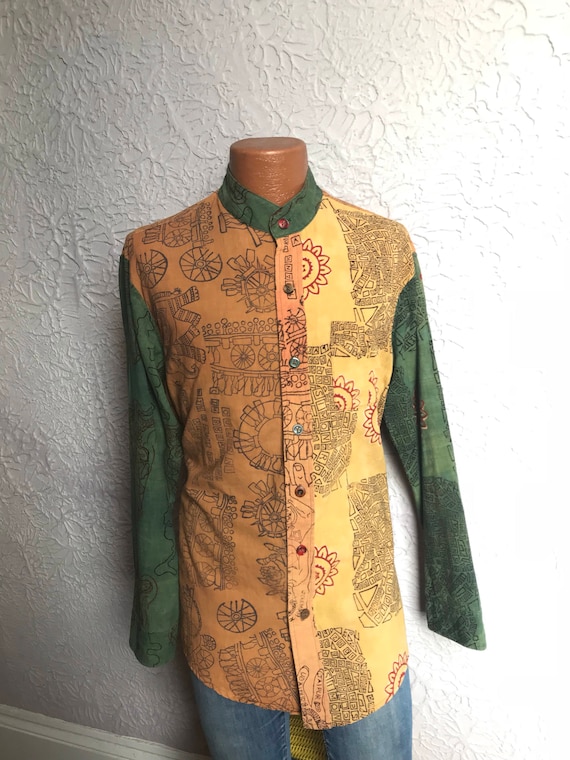 90's Vintage Men's OOAK Print Nehru Shirt large