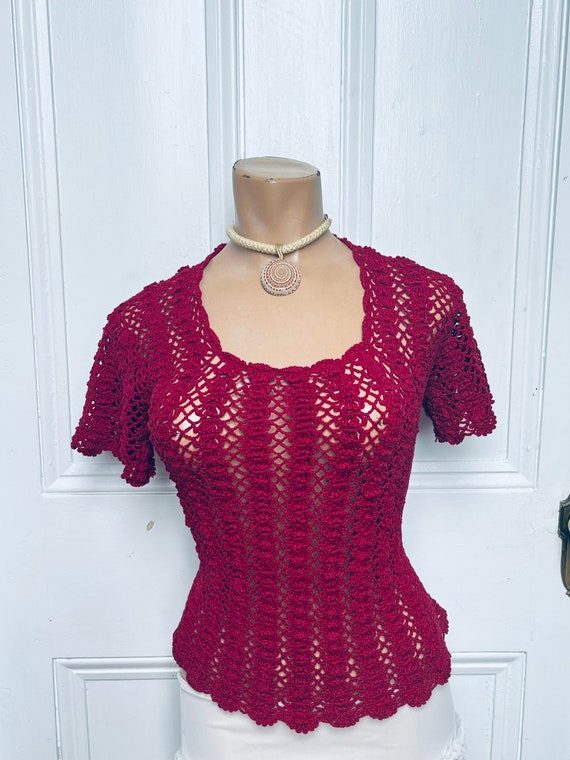 70’s Vintage Hand Crochet Cotton Top Cherry Red lg