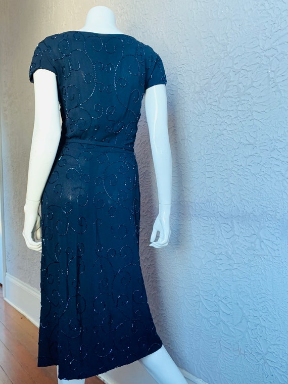 30's Vintage Navy Rayon Crepe Beaded Dress bugle … - image 7