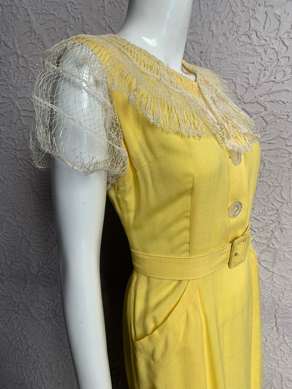 1930's Vintage Yellow Rayon Dress handmade lace m… - image 3