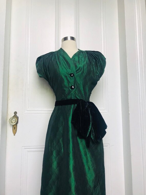 30's/40's Vintage Green Black Silk Damask Dress sm