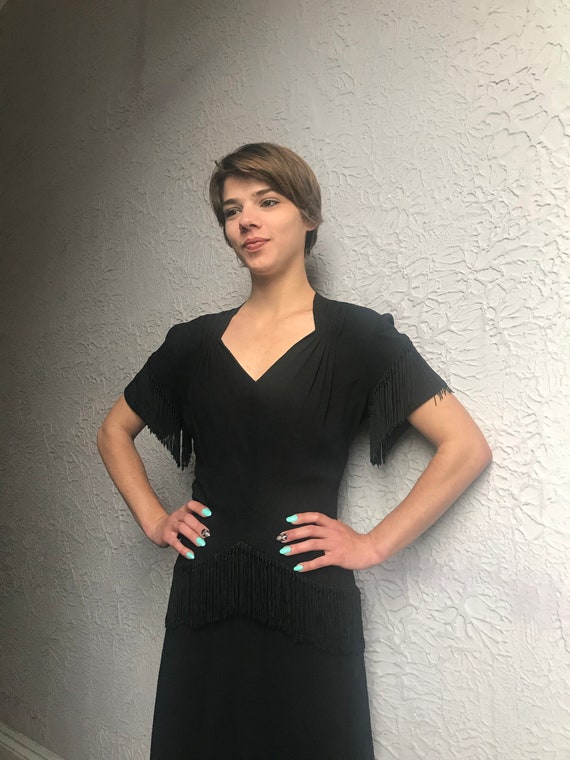 30’s/ 40's Vintage Black Rayon Crepe Dress W/ Frin