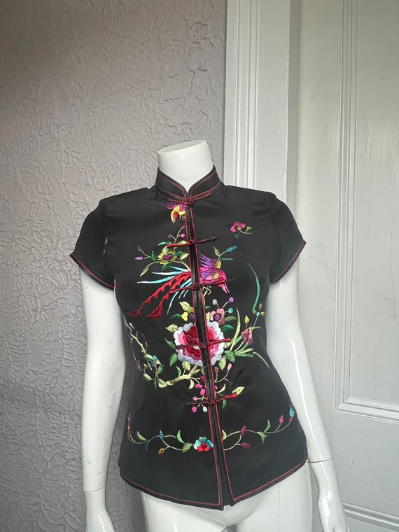 Vintage Hand Embroidered Silk Mandarin Top Blouse… - image 1