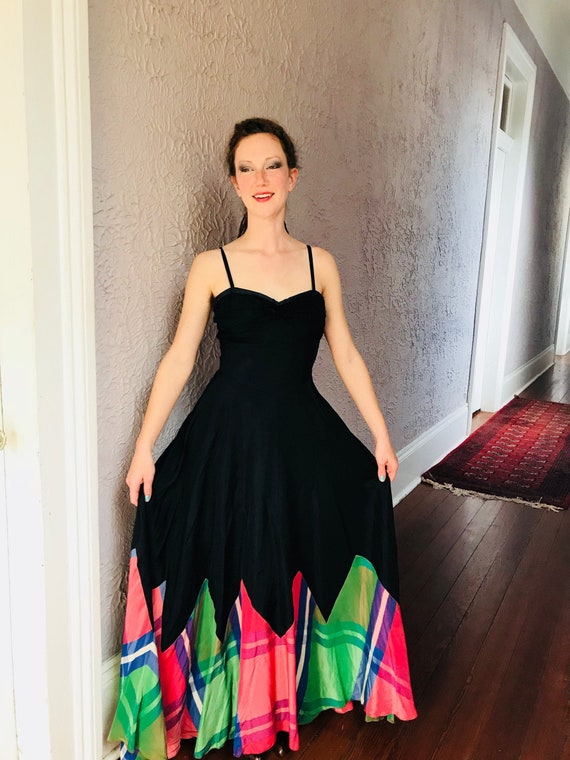 30's Vintage Rayon Silk Plaid Gown Dress