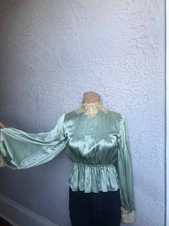 70's Vintage Silk Charmeuse Old Lace Blouse baloo… - image 1