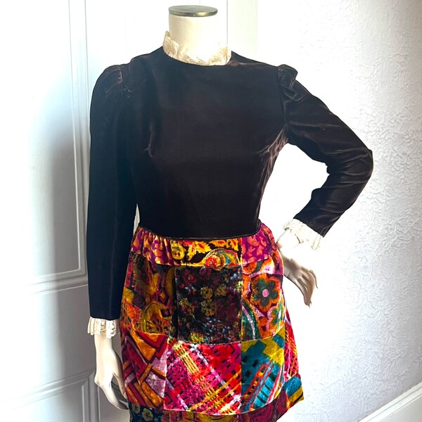 60's/70's Vintage Patchwork Velvet Carnaby Street Mod Mini dress Sm/ed.