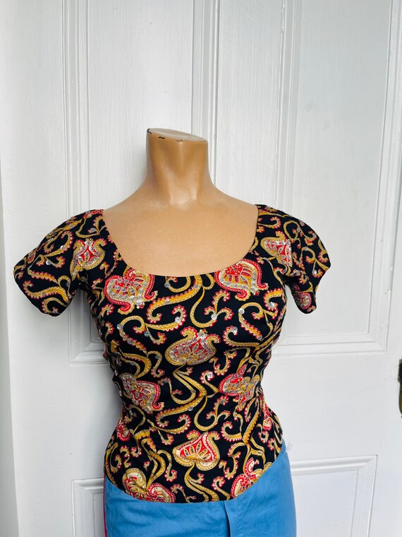 50's Vintage Black Paisley Print Sequin Beaded To… - image 1