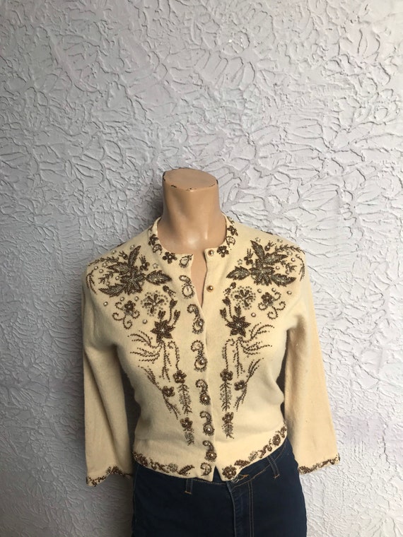 50's Vintage Beaded Cardigan Sweater Lambswool cas