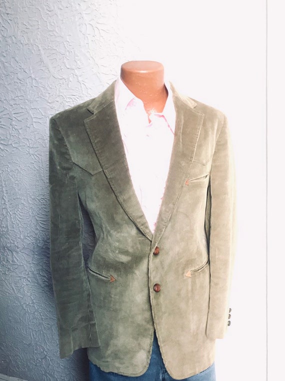70's Vintage Men's Western Sage Green Corduroy Lea