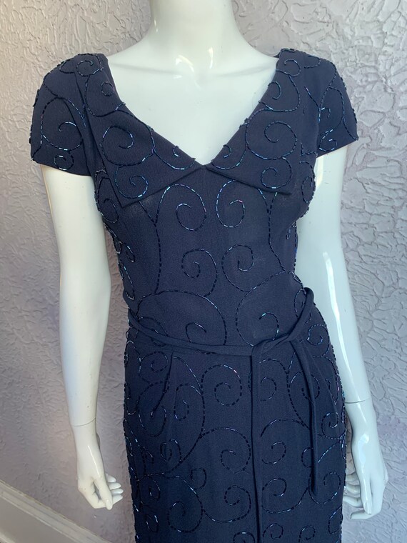 30's Vintage Navy Rayon Crepe Beaded Dress bugle … - image 3