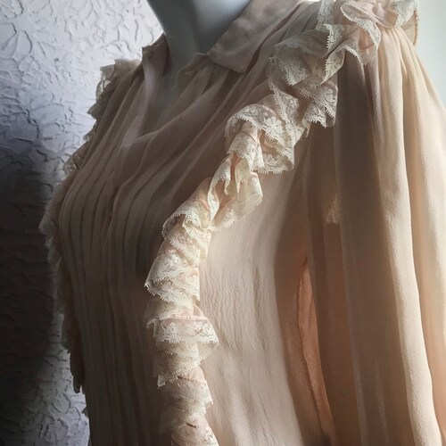 70's Vintage Oscar DeLa shops Renta Sheer Silk Chiffon Lace Blouse small