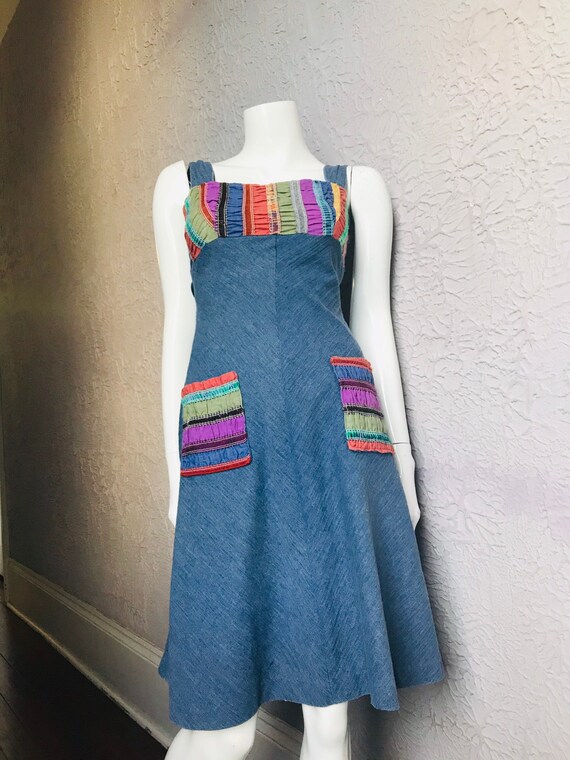 70's Vintage Denim Rainbow Summer Dress small