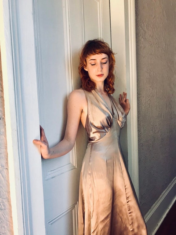 30's Vintage Silk Satin Gown Halter Dress Movie St