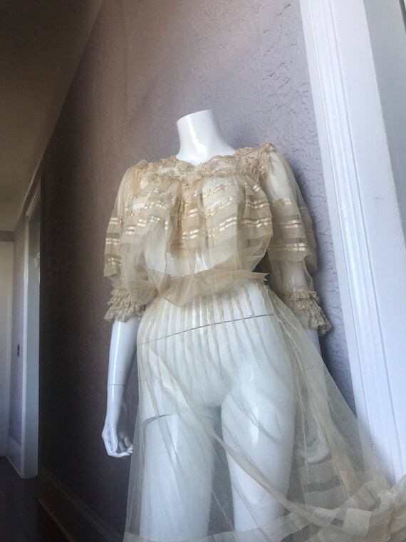 Edwardian Antique Ecru Lace Sheer Net Silk Ribbon
