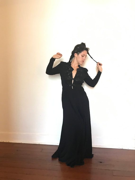 30's Vintage Black Rayon Crepe Beaded Gown Dress m