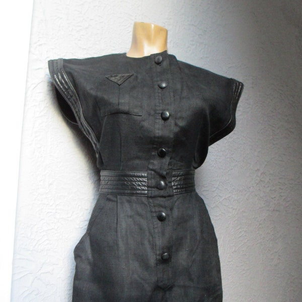 80's Vintage Space Warrior Black Linen and Leather Dress sm