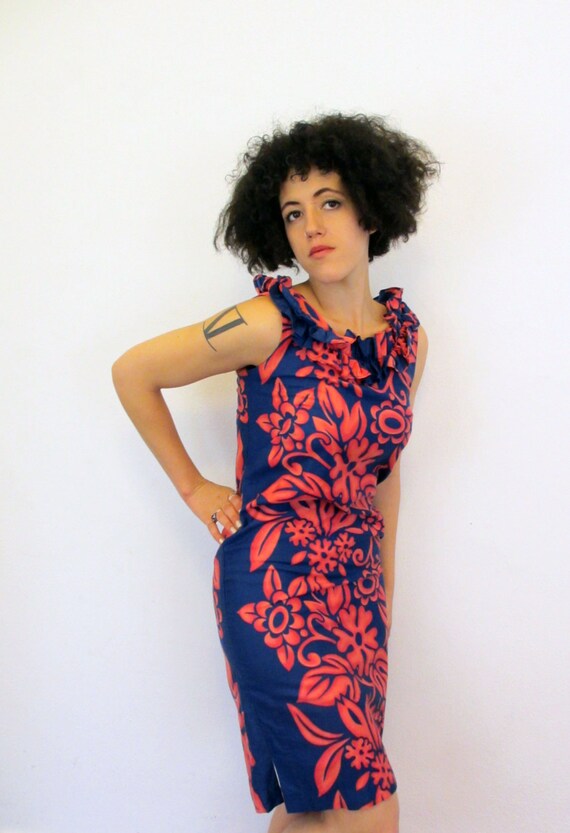 50s Vintage Hawaiian Screen Print Cotton Dress sm