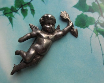 Vintage Antique Cupid Sterling Silver Brooch pin