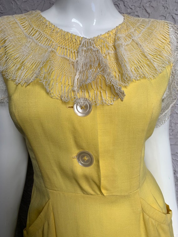1930's Vintage Yellow Rayon Dress handmade lace m… - image 2
