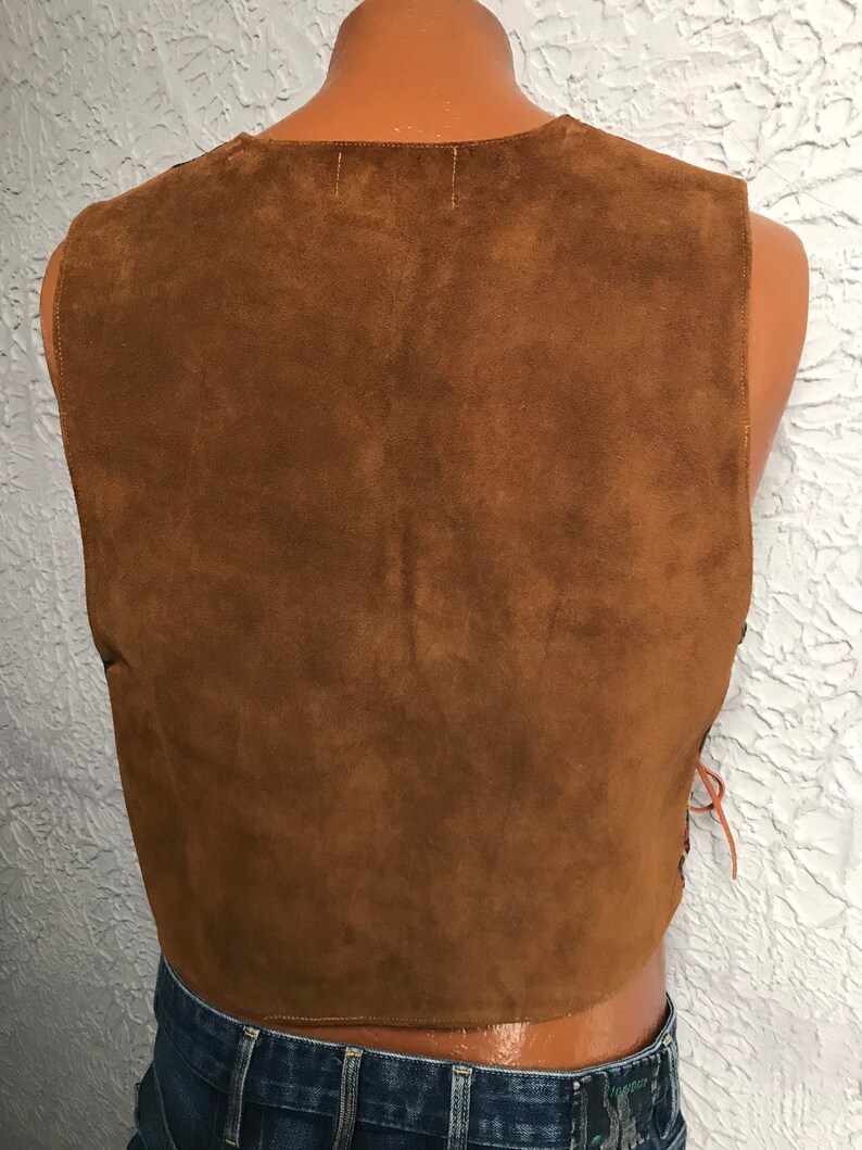 80/'s Vintage Southwestern Denim Vest Suede Leather Artisan Western Wear smmed