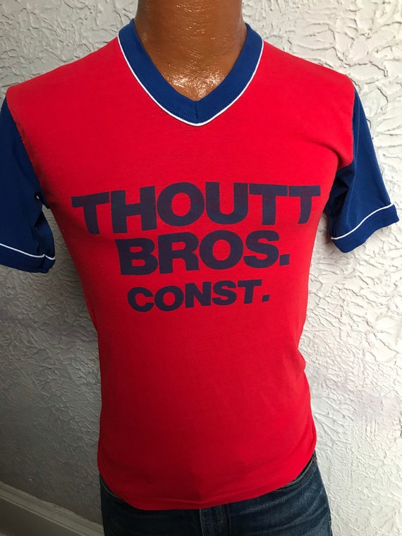 1970's Vintage Men's Blue and Red Ringer Jersey Sh