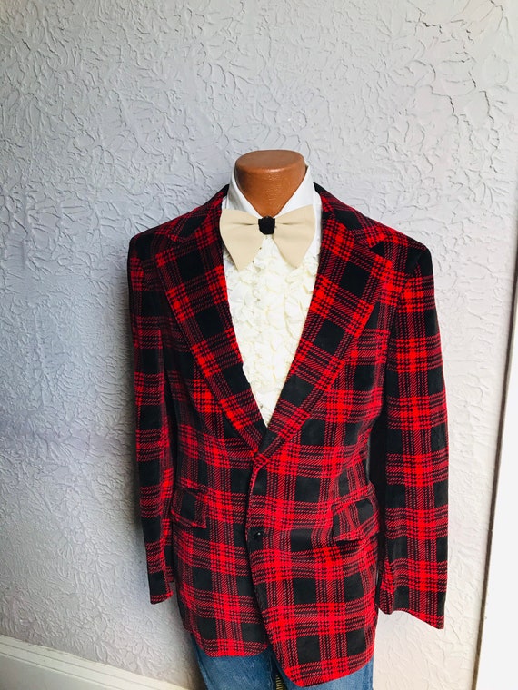 70s Vintage Men's Tartan Plaid Velvet Blazer Jacke