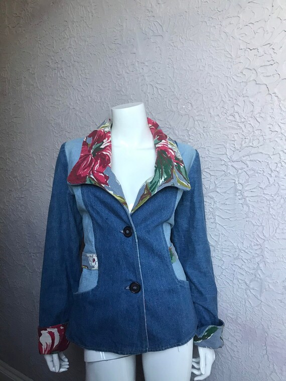 70s Vintage Patchwork Denim Blazer Jacket Mod Hipp