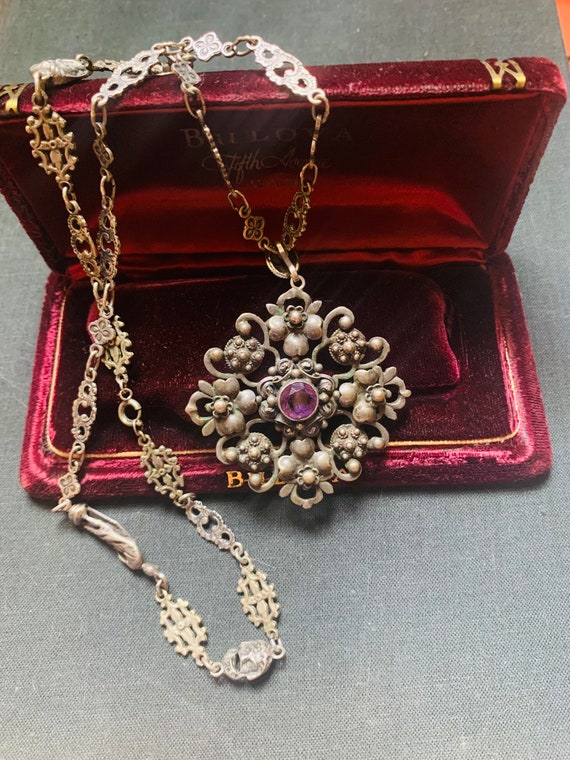 20's  Vintage Gothic Figural Amethyst Necklace Pe… - image 1