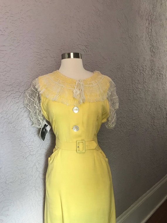 40's Vintage Yellow Rayon Dress handmade lace medi