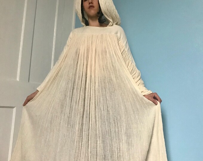 70's Vintage White Gauze Hippie Dress W/hood Rare Sm/med Etsy