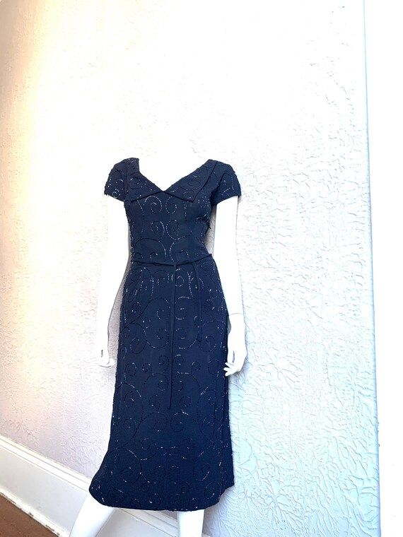 30's Vintage Navy Rayon Crepe Beaded Dress bugle … - image 2