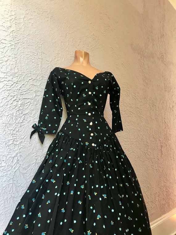 50's Vintage Black Cotton Rose Print Party Dress … - image 2