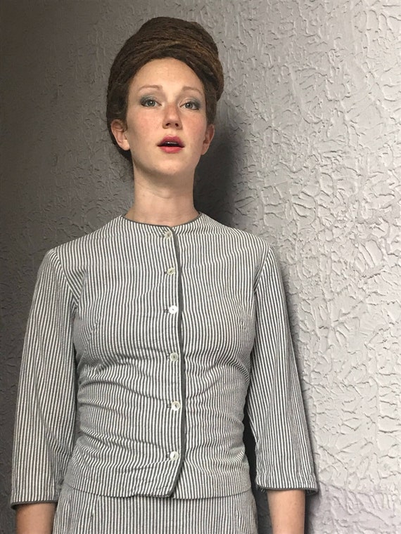 50s/60s Cotton Seersucker Striped Pencil Skirt Sui