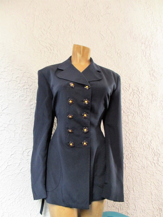 90's Vintage Gemma Kahng Navy Silk Blazer Jacket f