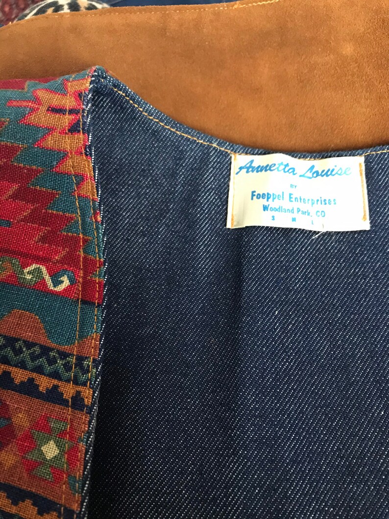 80/'s Vintage Southwestern Denim Vest Suede Leather Artisan Western Wear smmed