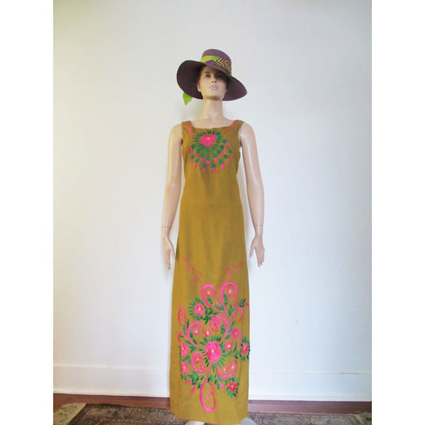 60s Vintage Green Hand Embroidered Maxi Dress Boho medium large