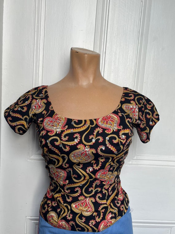 50's Vintage Black Paisley Print Sequin Beaded To… - image 5