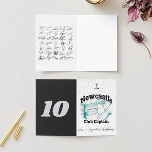 May include: Greeting card with a black and white design. The top card is open, displaying signatures on the left and blank space on the right. The bottom card features the number "10" on a black background and a Newcastle Club Captain design.