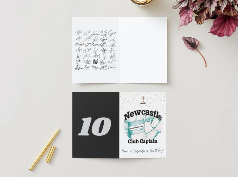 May include: Greeting card with a black and white design. The top card is open, displaying signatures on the left and blank space on the right. The bottom card features the number "10" on a black background and a Newcastle Club Captain design.
