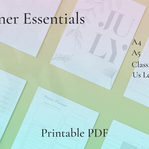 Könnte beinhalten: Druckbare Planerseiten in den Formaten A4, A5, Classic HP und US Letter. Die Seiten zeigen Layouts für Wochenplanung, To-Do-Listen und eine Juli-Kalenderseite. Die Wörter "Planner Essentials" und "Printable PDF" sind auf den Seiten zu sehen.