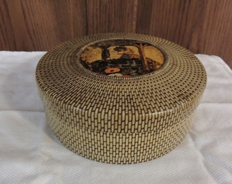 Vintage Round Metal Tin with Basket Weave Design / Basket Weave Tin Container / Round Tin with Picture Medallion / Rustic Round Tin