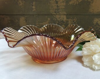 Vintage Carnival Glass Serving Bowl / Scalloped Carnival Glass Bowl / Amber Glass Serving Bowl / Glass Serving Dish / Iridescent Glass Bowl