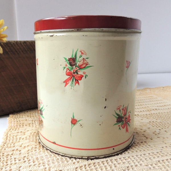 Vintage Floral Metal Canister: Empeco Red Lid Storage Tin