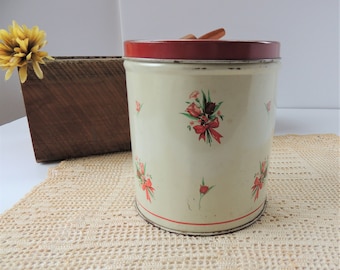 Vintage Empeco National Can Company Floral Metal Canister / Floral Tin Canister with Red Lid / Storage Tin / Farmhouse Kitchen Canister