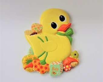 Ceramic Duck Wall Hanging / Baby Room Décor / Yellow Duck with Baby Block and Floral Motif Wall Hanging / Macky Ceramic Molds 1979