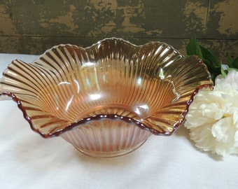 Vintage Carnival Glass Serving Bowl / Scalloped Carnival Glass Bowl / Amber Glass Serving Bowl / Glass Serving Dish / Iridescent Glass Bowl