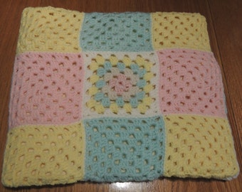 Vintage Crocheted Granny Square Baby Afghan: Pastel Flannel Blanket
