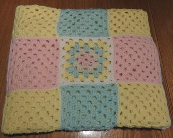 Vintage Baby Afghan with Flannel Backing / Handmade Crocheted Granny Square Baby Afghan / Pastel Baby Afghan / Baby Gift / Baby Blanket